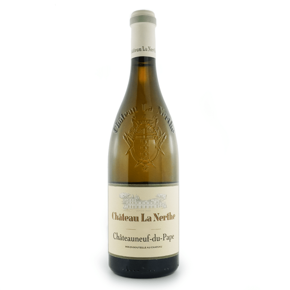 Bouteille de vin blanc du domaine La Nerthe, Châteauneuf-du-Pape blanc.
