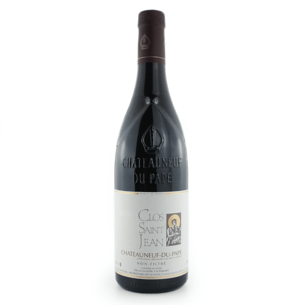 Bouteille de vin rouge du domaine Clos Saint Jean, Châteauneuf-du-Pape rouge.