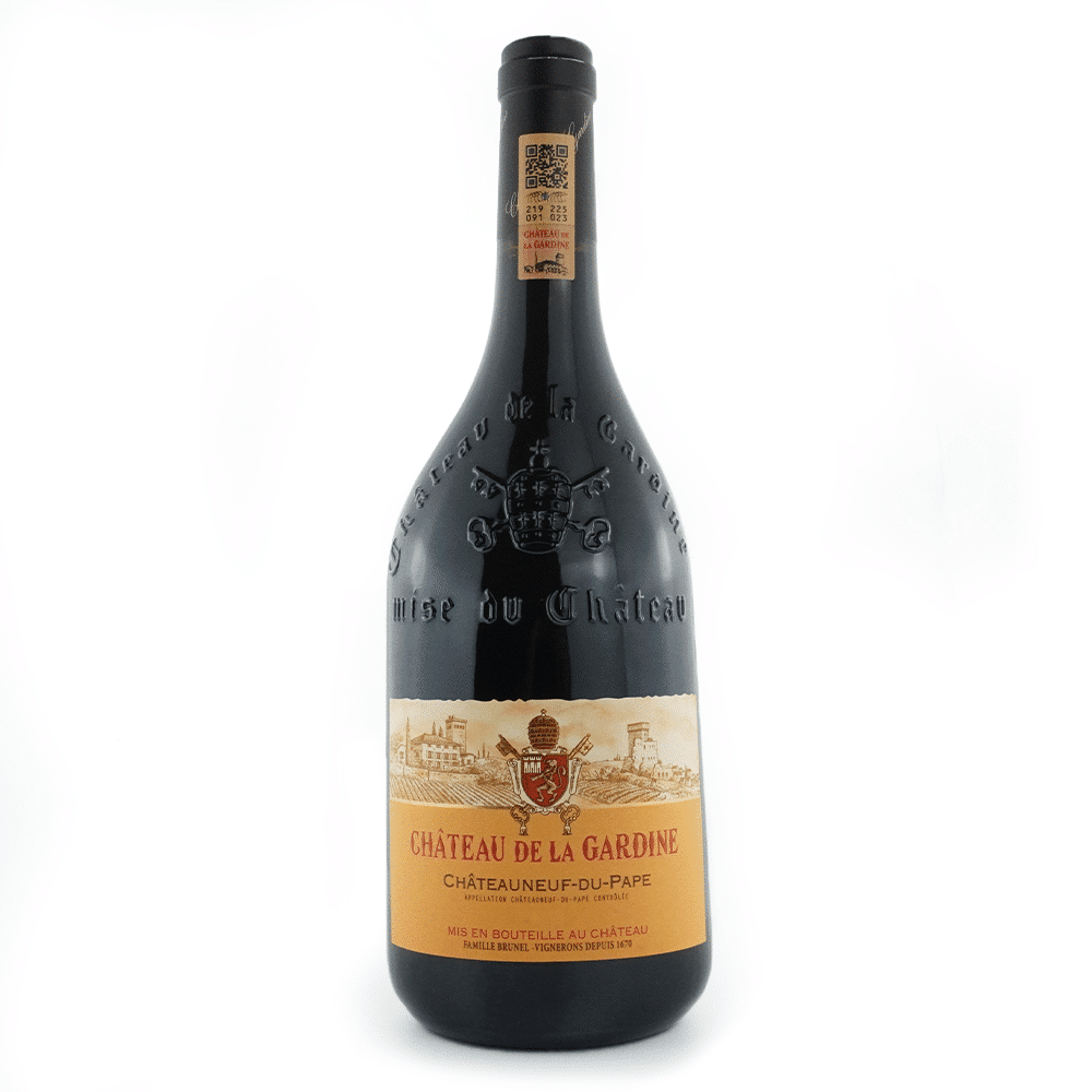Bouteille de vin rouge du domaine Château de la Gardine, Châteauneuf-du-Pape rouge.