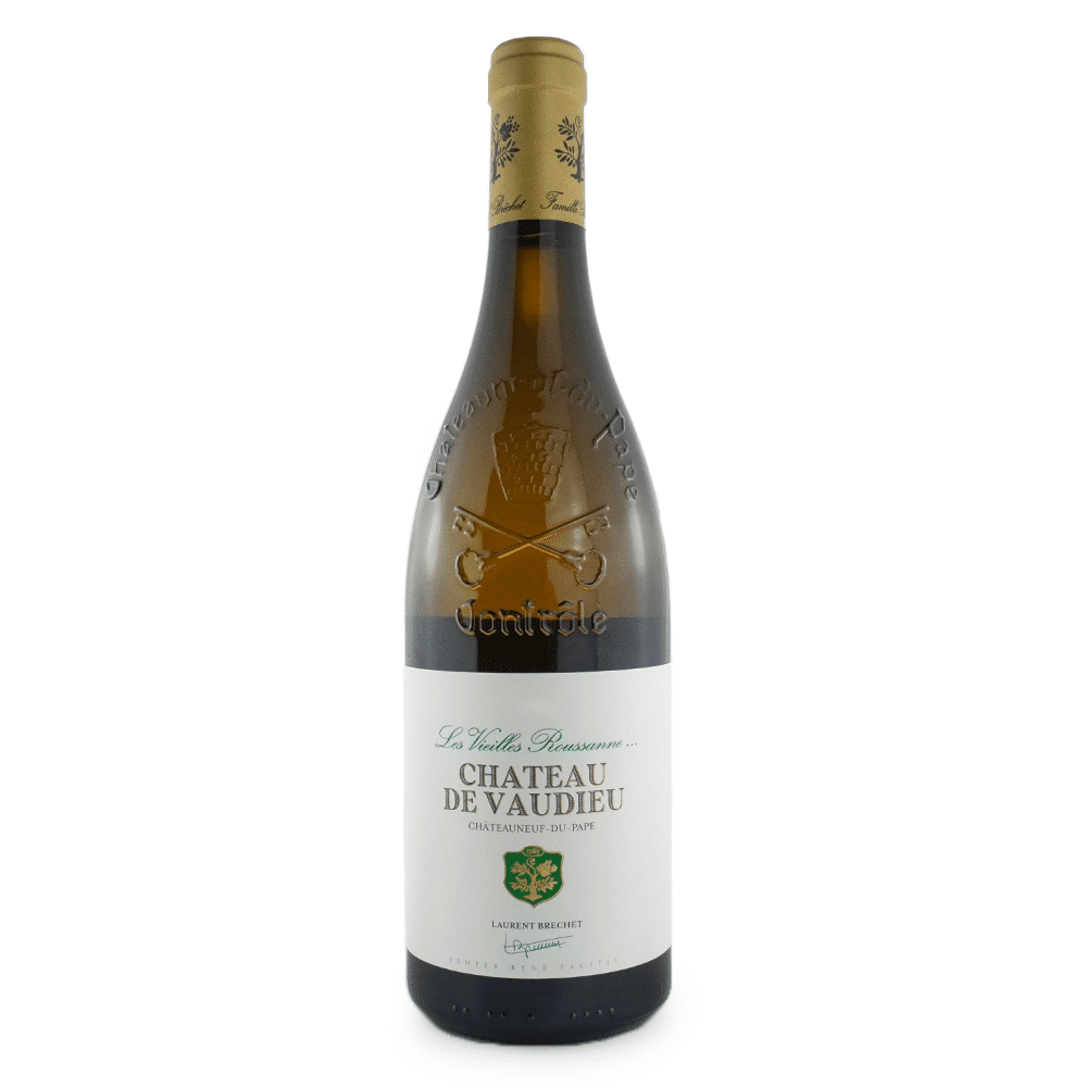 Bouteille de vin blanc du Château de Vaudieu, Châteauneuf-du-Pape blanc, Les Vieilles Roussannes.